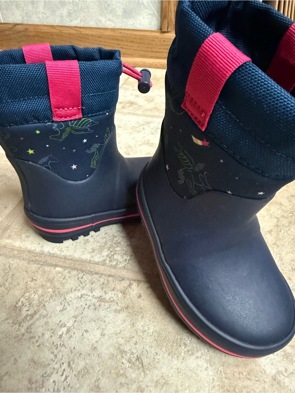 Kids Navy and Pink Waterproof Rain Boots with Unicorn Print